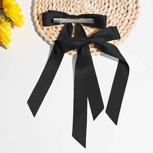 2PCS Black Hair Bows Solid Satin Polyester Ribbon Bow Hair Clips Ponytail Big French Hair Barrettes with Long Tail Wedding Dress Decor Hair Accessories for Women Toddler Teen Girls