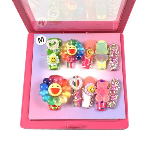 Flower Press on Nails Handmade with Full Covered Crystals Reusable Full Cover Long Coffin Stick On Nails, Size Medium