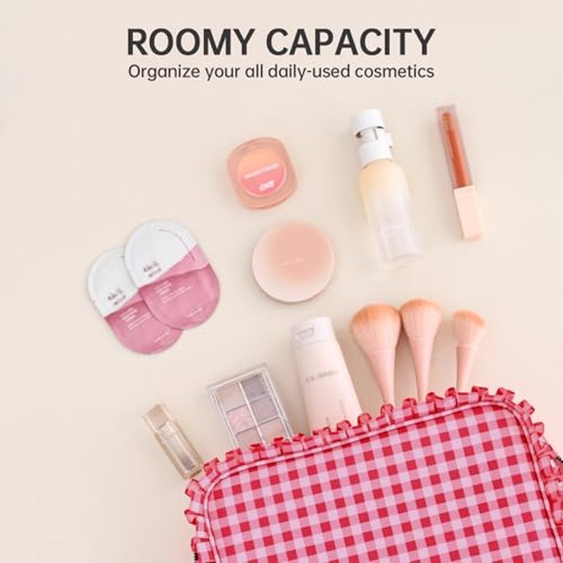 Large Gingham Ruffle Makeup Bag for Women - Travel Cosmetic Organizer