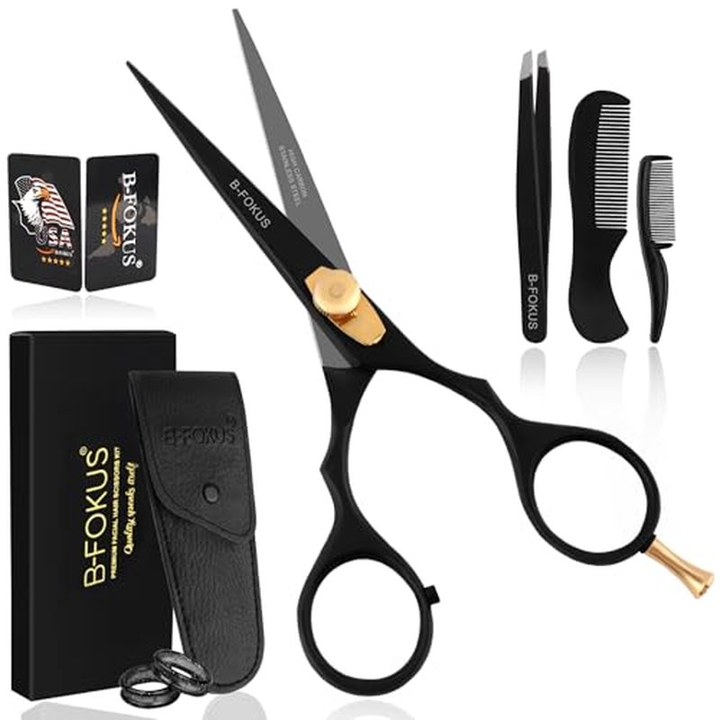 5.5¡± Hair Cutting Scissors for Hair, Mustache & Beard - Black Mustache and Beard Scissors for All Type Facial Hairs, Beard and Mustache Scissors with Pouch, Tweezers, Beard Comb and Mustache Comb.
