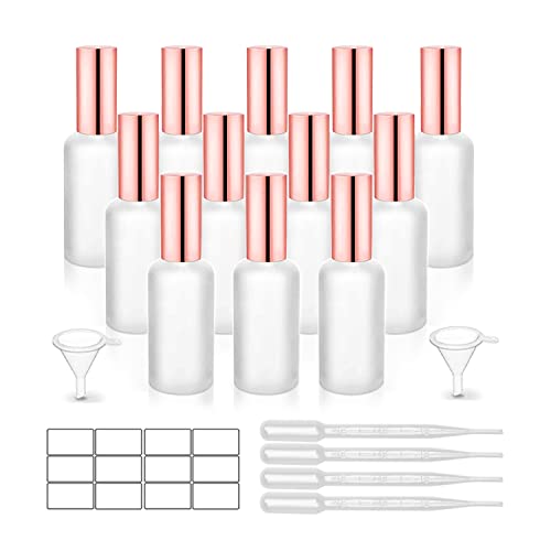 12 Pack,2 Oz Frosted Fine Mist Atomizer,Empty Glass Spray Bottles With Rose-Golden Pump Cap,Protable Travel Liquid Holder Containers for Perfume,Essential Oils-Stickers,Pipette&Funnel Included