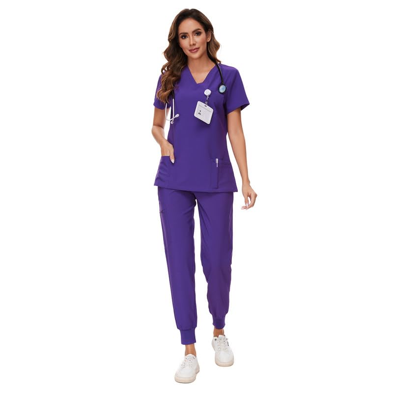 COZYFIT Scrubs for Women Set - Stretch V-Neck Scrub Top & Jogger Pant with 8 Pockets, Yoga Waistband, Anti Wrinkle, Slim Fit Women Scrubs