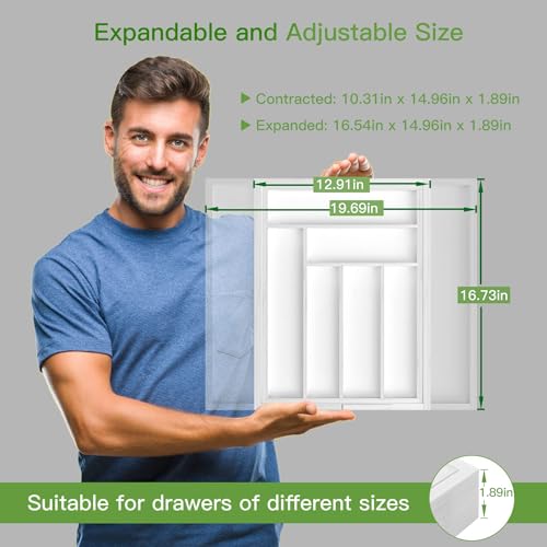 Pipishell Bamboo Expandable Drawer Organizer for Utensils Holder, Adjustable Cutlery Tray, Wood Drawer Dividers Organizer for Silverware, Flatware, Knives in Kitchen, Bedroom, Living Room (White)