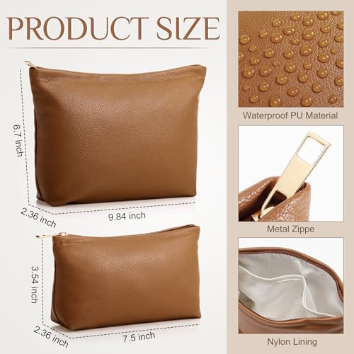 Kigeli 2 Pcs Small Makeup Bag Set for Purse PU Leather Cosmetic Bag Makeup Travel Toiletry Pouch Aesthetic Preppy Organizer Storage Pouch for Valentine Women Gift(Brown)