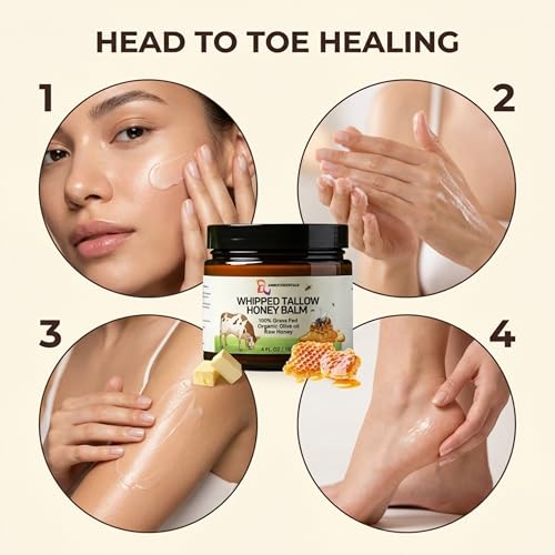 Beef Tallow & Honey Balm, All-Natural Moisturizer with Raw Honey & Olive Oil, Grass-Fed Tallow Cream for Face & Body, Deeply Nourishing Skin Care for Women & Men, Rich Moisture