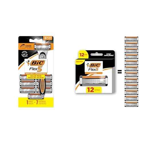 BIC Flex 5 Refillable Razors for Men, 1 Handle and 7 Cartridges + 12 Refill Cartridges