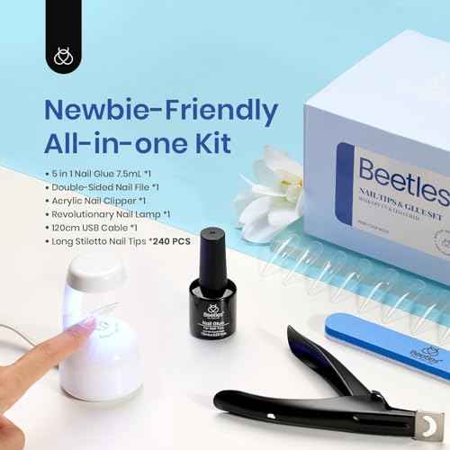 Beetles Gel Nail Kit Easy Nail Extension Set, Long Stiletto Shaped 240 Pcs Clear False Acrylic Nails Tips with 5 in 1 Nail Glue Innovative Uv Led Lamp DIY Acrylic Nail Ki at Home Beauty Gift Set