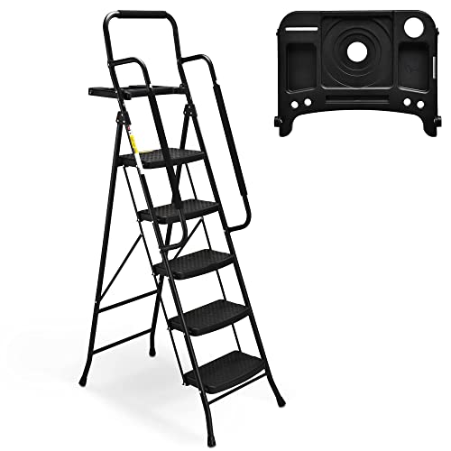 HBTower 5 Step Ladder with Handrails, Folding Step Stool with Tool Platform, 330 LBS Portable Steel Ladder for Adults for Home Kitchen Library Office, Black