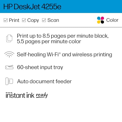 HP DeskJet 4255e Wireless All-in-One Color Inkjet Printer, Scanner, Copier, Best-for-Home, 3 Months of Ink Included (588S6A)