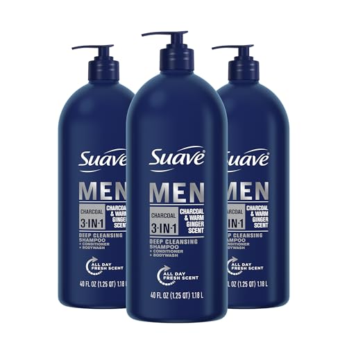 Suave Men 3-in-1 Charcoal Shampoo Conditioner Body Wash, 40 oz (Pack of 3)