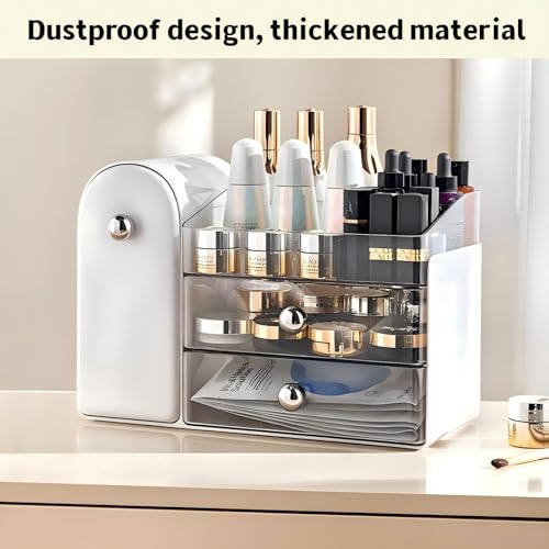 RONGZHIERK Makeup Organizer for Vanity with Brush Holder (White) – Large 2 Drawers