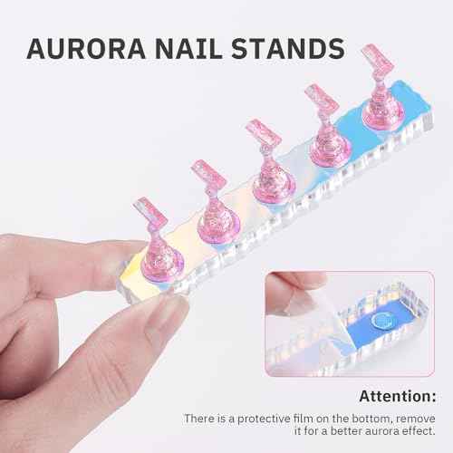 Etercycle 2 Set Nail Holder for Display Painting Nails - Aurora Acrylic Magnetic Practice Nail Stand Set - Fake Nail Holder for Press On Nails with Reusable Adhesive Putty (Aurora Pink)