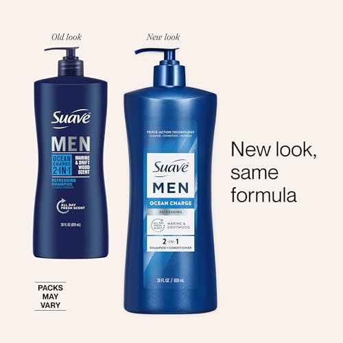 Suave Men Ocean Charge 2 in 1 Refreshing Shampoo & Conditioner with Pro Vitamin B5, Hydrates & Revitalizes Hair, Ocean Fresh Scent, 4 Count, 28 FL OZ Pump