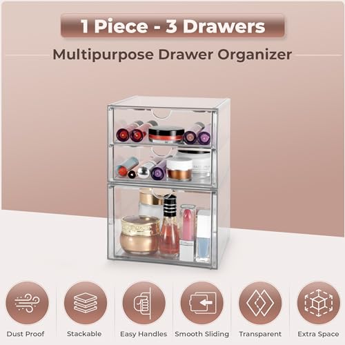 Sorbus Makeup Organizer With 3 Drawers, Acrylic Drawer Organizer for Makeup, Office Organization and Storage, Art Supplies, Jewelry, Stationary - 2 Pcs Clear Stackable Storage Bins Organizer Drawers