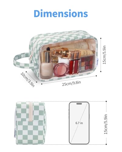 Narwey Clear Toiletry Bag for Women - Green Checkerboard Travel Organizer, Waterproof Cosmetic Storage