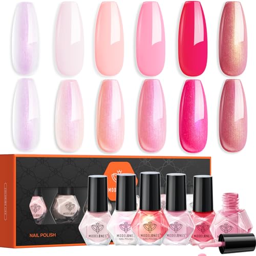 modelones Nail Polish 6 Colors Hot Pink White Nude Pink Nail Polish Set Shimmer Light Pink Pearl Summer Quick Dry Finger Nail Polish Bulk Manicure DIY Nail Art Salon Home Gift For Women