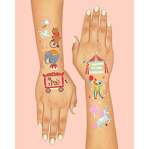xo, Fetti Circus Party Temporary Tattoos - 42 Gold + Silver Foil Styles | Circus Birthday Party Supplies, Carnival Party Favors, Circus Animals Temp Tats, Clown Arts and Crafts (Pack of 2)