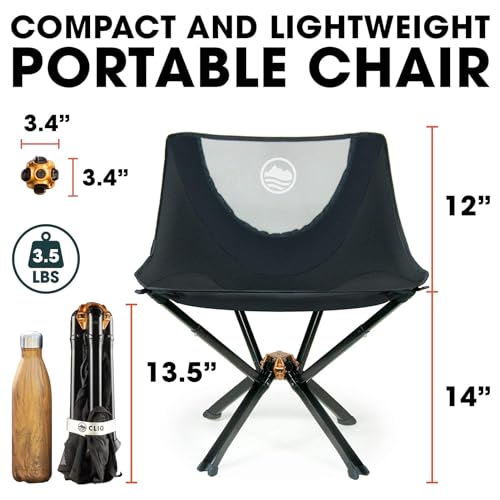 CLIQ Portable Camping Chair - Collapses to Size of Water Bottle - Lightweight Folding Chair for Camping - Outdoor Chair Supports 300 Lbs - Camp Chair Outdoor Adventures, Black