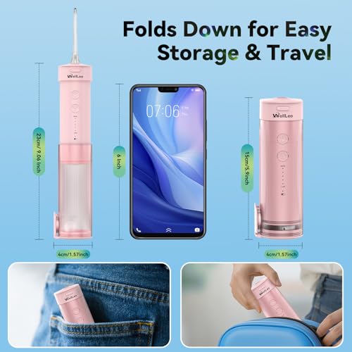 Mini Water Flosser for Teeth,Travel Dental Flosser Picks, Portable Oral Irrigator with Telescopic Water Tank, 5 Modes IPX7 Waterproof Tooth Flosser for Brace, Sensitive Teeth, with Storage Bag