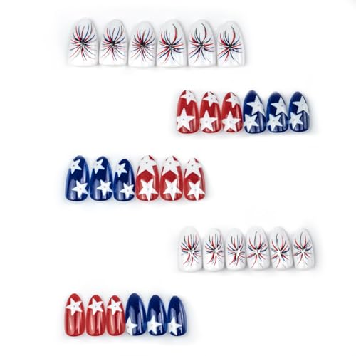 4th of July Press on Nails - Patriotic Almond Design, 30 Pcs