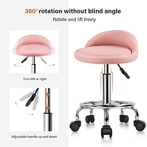 KKTONER PU Leather Rolling Stool Pink - Height Adjustable