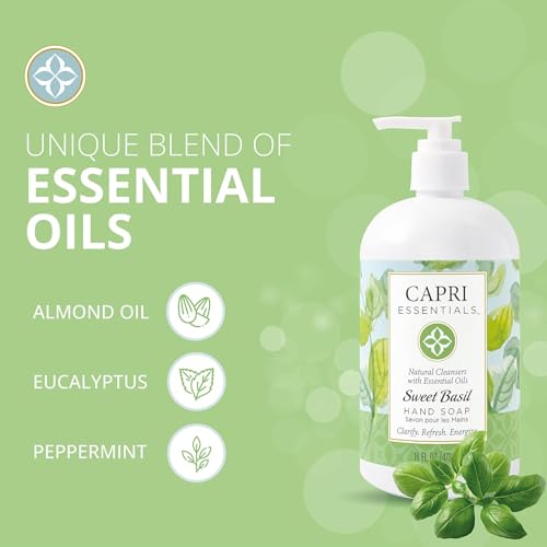 Capri Essentials Hand Soap Liquid, Natural Household Cleaning Supplies, Gentle Plant Based Aromatic Hand Wash with a Blend of Essential Oils, Removes Dirt & Grime, Sweet Basil Scent, 16 FL Oz (6 Pack)