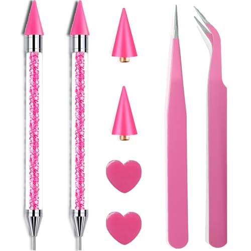 Pink Rhinestone Picker Tool Set - Dual-Head Wax Pens & Tweezers for Nail Art