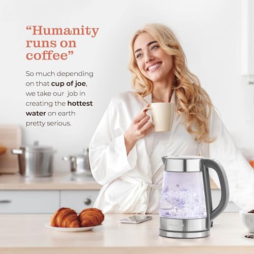 Speed-Boil Water Electric Kettle, 1.7L 1500W, Coffee & Tea Kettle Borosilicate Glass, Wide Opening, Auto Shut-Off, Cool Touch Handle, LED Light. 360° Rotation, Boil Dry Protection