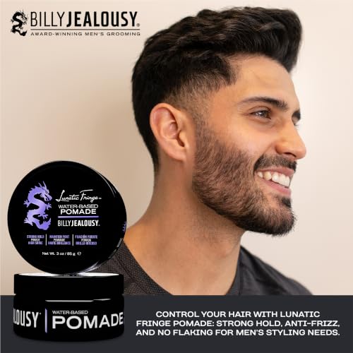 Billy Jealousy Lunatic Fringe Water-Based Pomade for Men - Strong Hold & High Shine, 3 oz