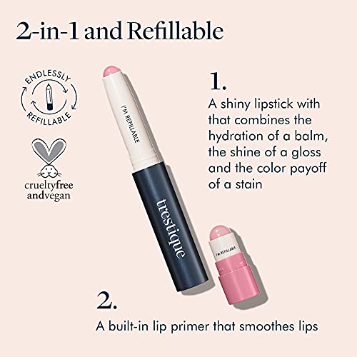 TRE'STIQUE Prime & Shine Refillable Lip Crayon with Built-in Primer, Glossy Lipstick for Women