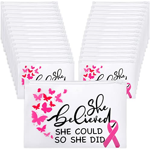 100 Pieces Breast Cancer Awareness Items Makeup Bags Bulk Pink Ribbon Zippered Cosmetic Pouch Breast Cancer Survivor Gifts for Women EVA Waterproof Toiletry Bag for Charity Recognition Public Event