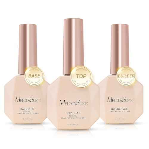 MelodySusie Top Coat Builder Gel Base Coat No Wipe Glossy Set Long Lasting Shine Finish Soak Off UV LED Nail Lamp Nail Polish Art Design Manicure Kit Perfect Gifts for Women Girls 3 Pcs 15ml Clear