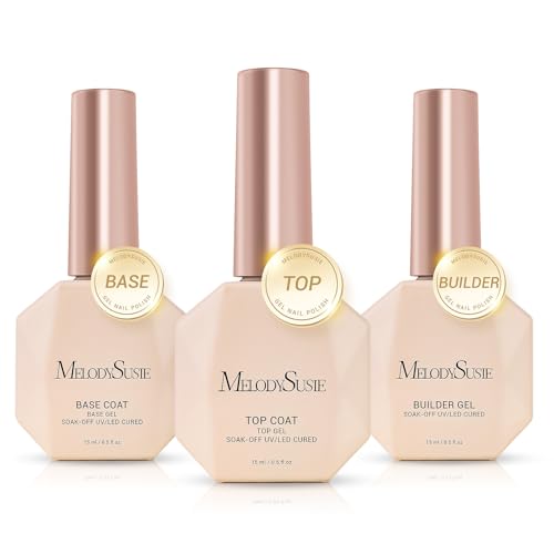 MelodySusie 3-Piece Gel Nail Kit - Builder Gel, Base & No-Wipe Top Coat (15ml)