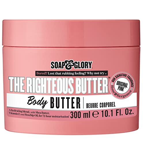 Soap & Glory The Righteous Butter Moisturizing Body Butter - Skin Hydration Body Moisturizer with Vitamin E, Rosehip Seed Oil & Shea Butter - Rich Body Cream for Soft & Smooth Skin (300ml)