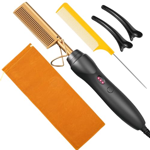 BudiGl Gold Ceramic Hot Comb Hair Straightener & Curling Pressing Comb for All Hair Types