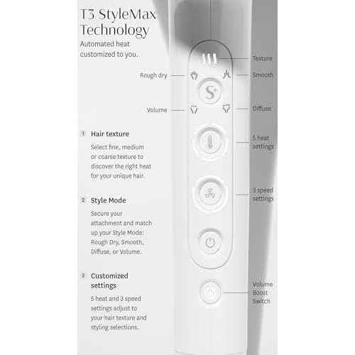 T3 Featherweight StyleMax Professional Ionic Hair Dryer with Custom Heat Automation & 4 Attachments,Fast Drying,Lightweight with 5 Heat & 3 Speed Settings,2 Concentrators,Diffuser & Smoothing Comb