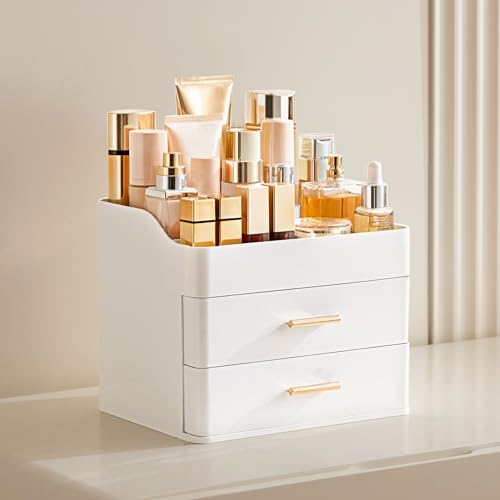 HBlife Makeup Organizer with 2 Drawers - White Acrylic Cosmetics Storage
