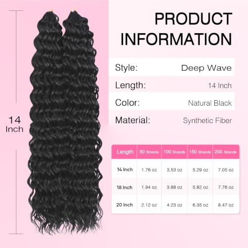 Flvaco 14" Deep Wave Feather Crochet Hair 50 Strands - 1B