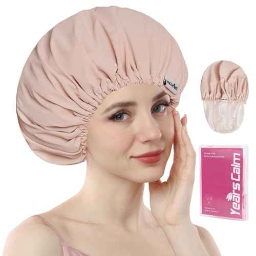 Years calm Shower Cap Reusable Waterproof, Double-Layer Hair Cap for Women, with Elastic Band, Ideal for Shower, Spa, Travel & Cleaning (Light pink, One Size)