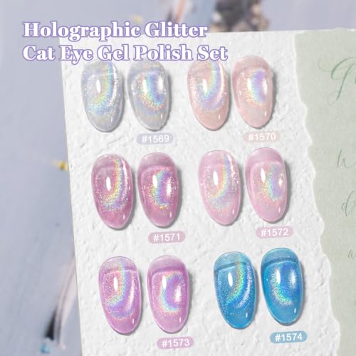 RARJSM Rainbow Cat Eye Gel Nail Polish Set 6pcs Holographic Glitter Manicure