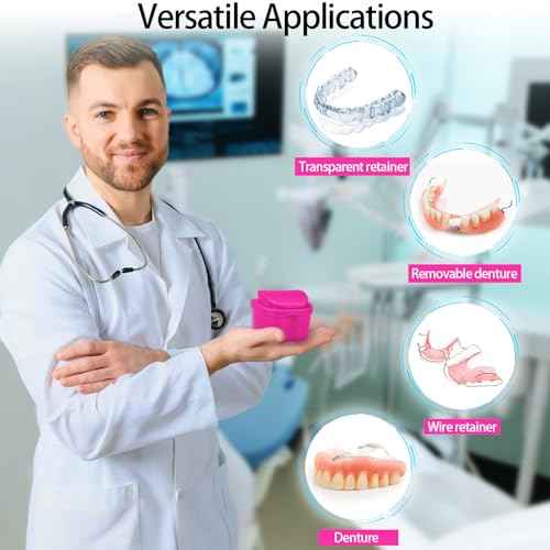 2 Pack Colors Denture Bath Case Cup Retainer Cleaner Holder Case False Teeth Soaking Container Dental Bath Storage Box Case with Strainer Basket and Brush - Rose Red & Black