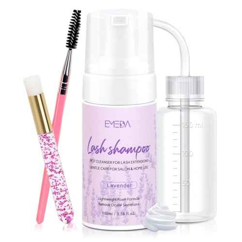 EMEDA Lash Shampoo Kit - 3.38 fl.oz / 100ml Gentle Foam Lash Cleanser, Oil-Free Cleaning for Wash Extension/Natural Eyelash Bath with Rinse Bottle Brush (Lavender)