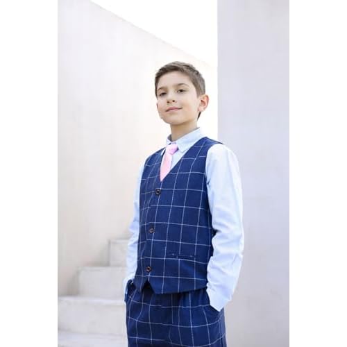 SWOTGdoby Boys Suits 3 Pieces Formal Suit Set Plaid Blazer Vest Pants Slim Fit Suit Jacket for Wedding Party