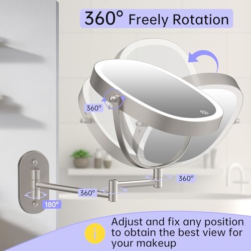 FUNTOUCH Rechargeable Wall Mounted Lighted Makeup Mirror, Oval Double-Sided Mirror 1X/10X Magnifying Mirror,3 Color Lights Touch Screen Dimmable 360¡ÆSwivel 13 Inch Extendable,Nickel