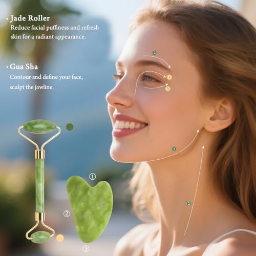 Jade Roller & Gua Sha Set - Facial Massage Tools for Face Sculpting