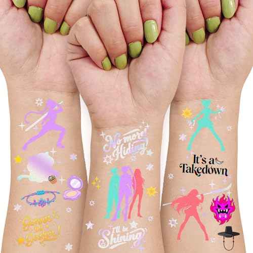 Temporary Tattoos for Cartoon Movie Themed Party Favors Iridescent Foil Styles | Korean Idol Fake Tattoos Stickers Removable, Goodie Bag Stuffers Party Supplies Decoration Gifts 3 Sheets 108 Pcs
