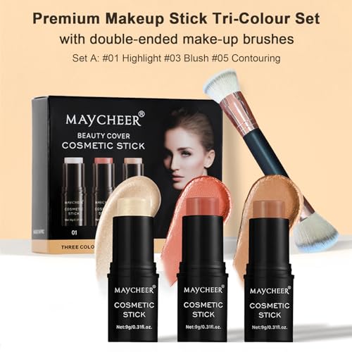 Contour Stick Makeup Set, 2024 New Face Stick Cream Blush, Bronzer Stick, Highlighter Stick for Face with Makeup Brush, Long Lasting & Natural Makeup Contour Stick for Beginner, 3 Colors (#01, 03, 05)