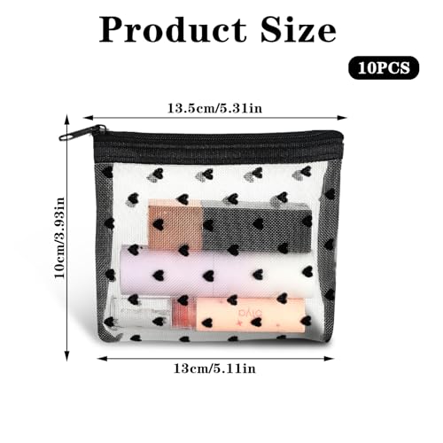 10pcs Mini Mesh Makeup Bags Zipper, Heart Print Cosmetic Bags 3D Heart-shaped Storage Pouch Small Nylon Organizer Purse Bag for Women Lipstick Travel Home Offices Toiletry(Beige)