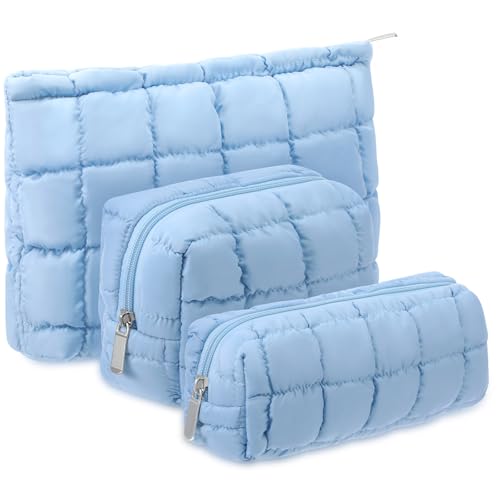 Huhumy Medium Blue Checkered Puffy Makeup Bag Set for Women