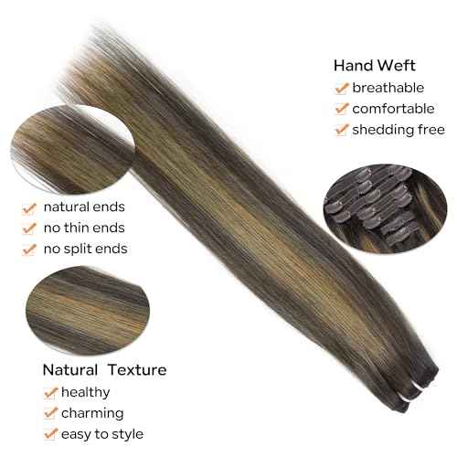 Balayage Clip in Hair Extensions Real Human Hair Straight Highlight Human Hair Clip ins for Women, Natural Soft Remy Human Hair, 8Pcs 120g, 18inch #2/6/2 Balayage Dark Brown to Chestnut Brown